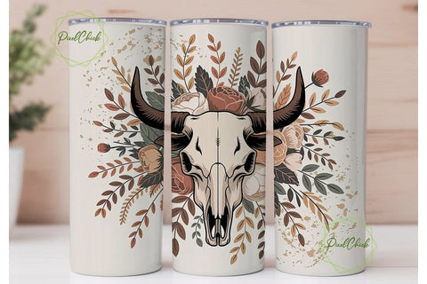 Rustic Bull Skull Floral 20oz Tumbler Sublimation PixelChick 