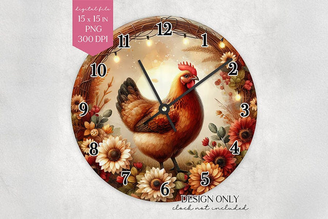 Rustic Chicken Wall Clock Sublimation Design PNG Sublimation BijouBay 