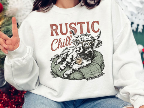 Rustic Chill Highland Cow PNG, Cozy Cow Sublimation Design SVG DesignDestine 