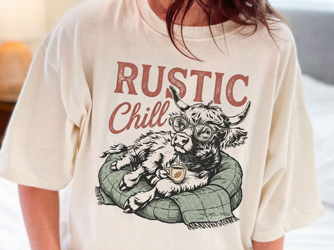 Rustic Chill Highland Cow PNG, Cozy Cow Sublimation Design SVG DesignDestine 