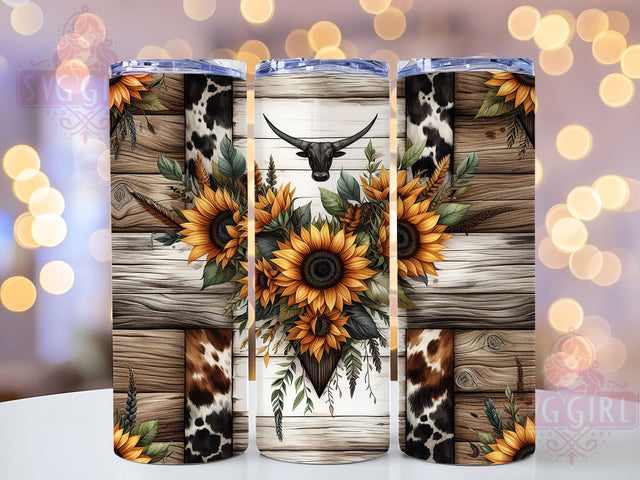 Rustic Cowhide Sunflower Western Tumbler, Rustic Cowhide Wrap, Sunflower Cow Print, Country Western Cup, Boho Western Sublimation, Farmhouse Sunflower Design, Rustic Rodeo Tumbler Sublimation SvggirlplusArt 