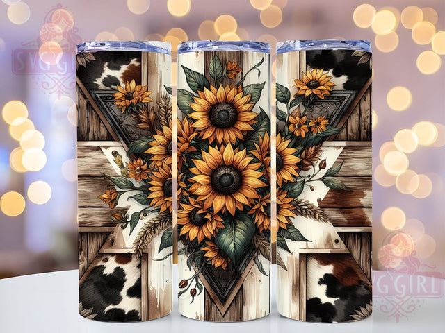 Rustic Cowhide Sunflower Western Tumbler, Rustic Cowhide Wrap, Sunflower Cow Print, Country Western Cup, Boho Western Sublimation, Farmhouse Sunflower Design, Rustic Rodeo Tumbler Sublimation SvggirlplusArt 