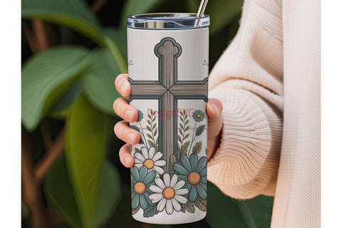 Rustic Cross Floral 20oz Tumbler Wrap Sublimation DesignSVG 