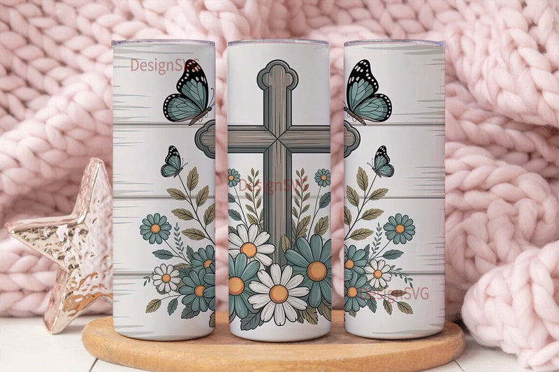 Rustic Cross Floral 20oz Tumbler Wrap Sublimation DesignSVG 