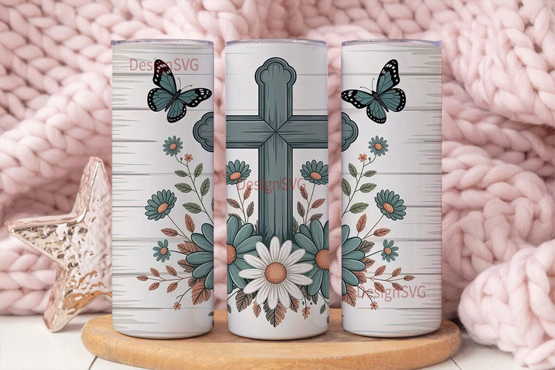 Rustic Cross Floral 20oz Tumbler Wrap Sublimation DesignSVG 