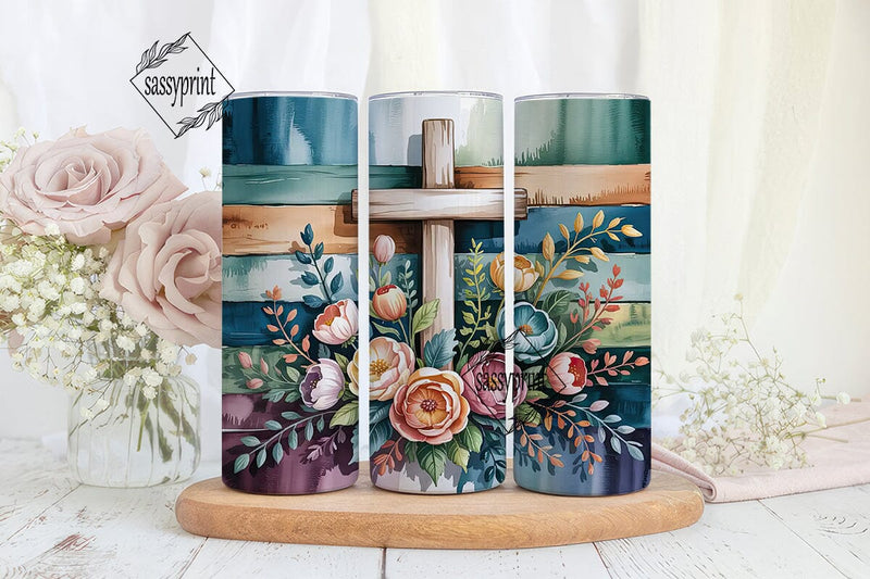 Rustic Cross Floral 20oz Tumbler Wrap Sublimation sassyprint 