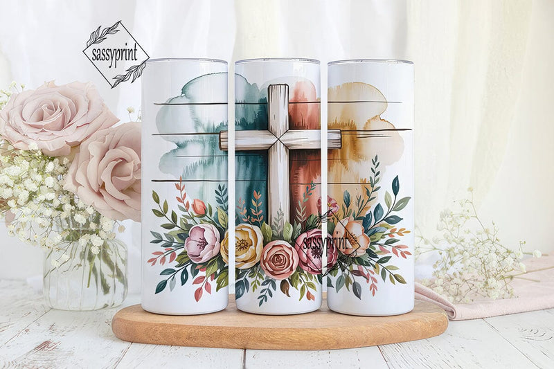 Rustic Cross Floral 20oz Tumbler Wrap Sublimation sassyprint 