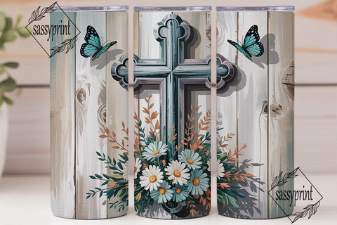 Rustic Cross Floral Tumbler Wrap Sublimation sassyprint 