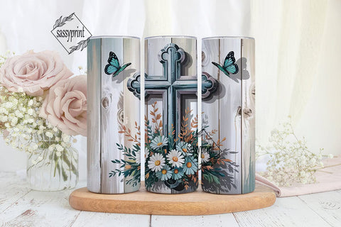 Rustic Cross Floral Tumbler Wrap Sublimation sassyprint 