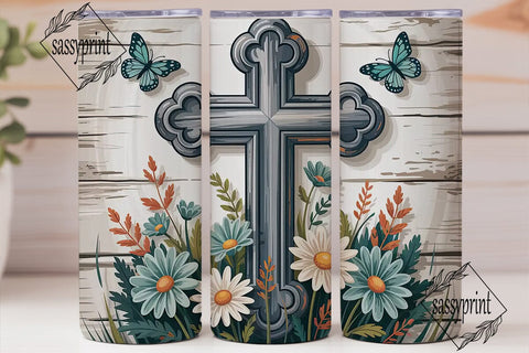 Rustic Cross Floral Tumbler Wrap Sublimation sassyprint 