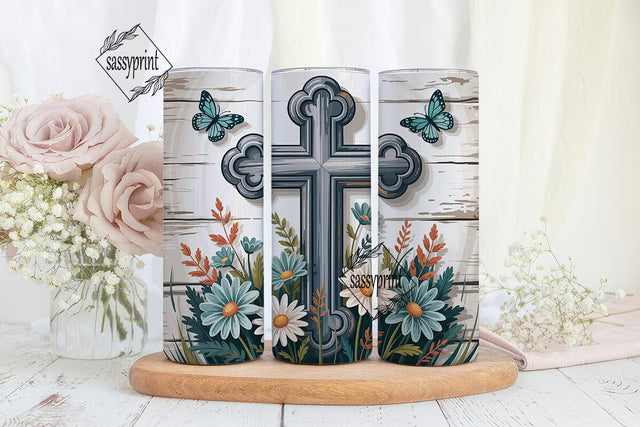 Rustic Cross Floral Tumbler Wrap Sublimation sassyprint 