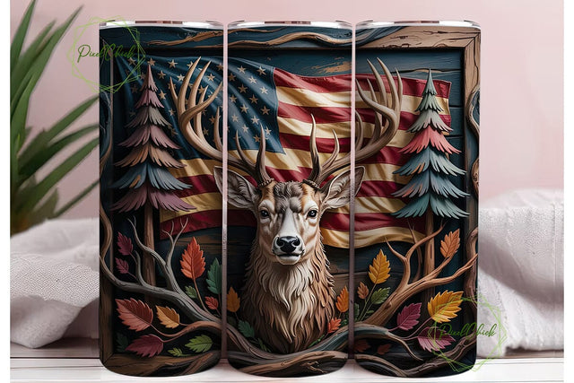 Rustic Deer Flag Wood Carving Tumbler Sublimation PixelChick 