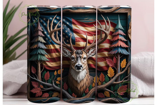 Rustic Deer Flag Wood Carving Tumbler Sublimation PixelChick 