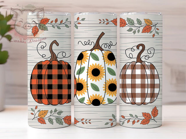 Rustic Fall Pumpkins Thanksgiving Tumbler, Fall Trio Pumpkins Cup, Autumn Harvest Drinkware, 20Oz Sublimation Wrap, Farmhouse Fall Gift, Cozy Autumn Coffee Mug, Pumpkin Patch Design Sublimation Lara' s Designs 