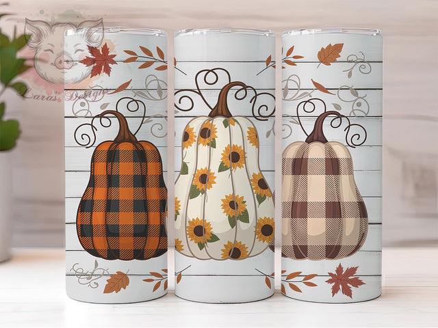 Rustic Fall Pumpkins Thanksgiving Tumbler, Fall Trio Pumpkins Cup, Autumn Harvest Drinkware, 20Oz Sublimation Wrap, Farmhouse Fall Gift, Cozy Autumn Coffee Mug, Pumpkin Patch Design Sublimation Lara' s Designs 