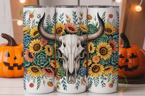 Rustic Floral Bull Skull 20oz Tumbler Sublimation PixelChick 