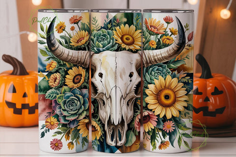 Rustic Floral Bull Skull 20oz Tumbler Sublimation PixelChick 