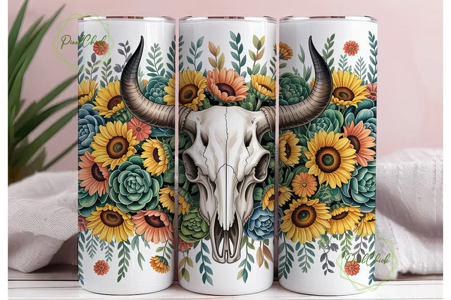 Rustic Floral Bull Skull 20oz Tumbler Sublimation PixelChick 