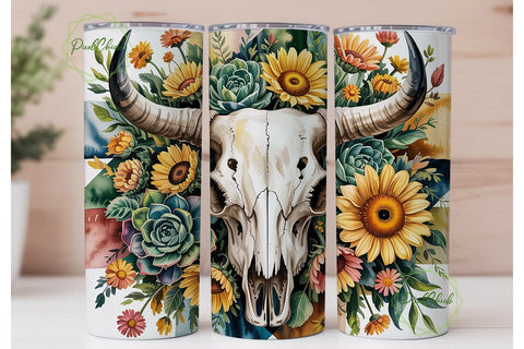 Rustic Floral Bull Skull 20oz Tumbler Sublimation PixelChick 