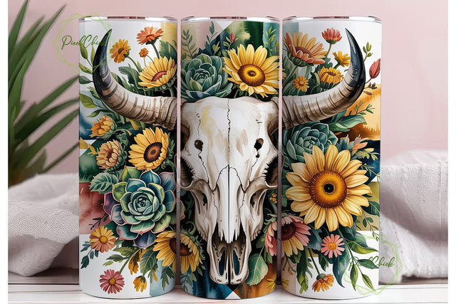 Rustic Floral Bull Skull 20oz Tumbler Sublimation PixelChick 