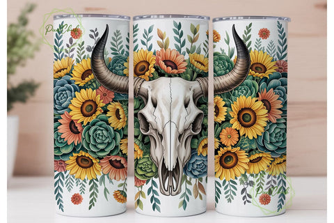 Rustic Floral Bull Skull 20oz Tumbler Sublimation PixelChick 