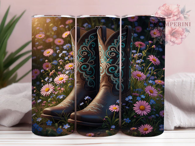 Rustic Floral Cowgirl Boots Tumbler, Country Chic Pattern, Rustic Western Design, 20Oz Sublimation Wrap, Printed Cowgirl Art, Stylish Country Texture, Tumbler Sublimation Sublimation Li Zamperini 