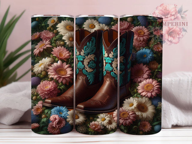 Rustic Floral Cowgirl Boots Tumbler, Country Chic Pattern, Rustic Western Design, 20Oz Sublimation Wrap, Printed Cowgirl Art, Stylish Country Texture, Tumbler Sublimation Sublimation Li Zamperini 