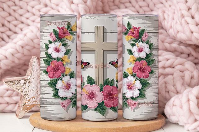 Rustic Floral Cross 20oz Tumbler Wrap Sublimation DesignSVG 