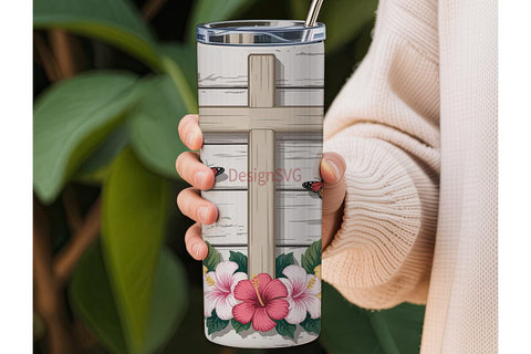 Rustic Floral Cross 20oz Tumbler Wrap Sublimation DesignSVG 