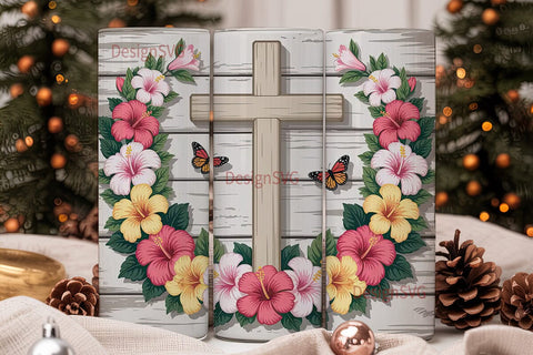 Rustic Floral Cross 20oz Tumbler Wrap Sublimation DesignSVG 