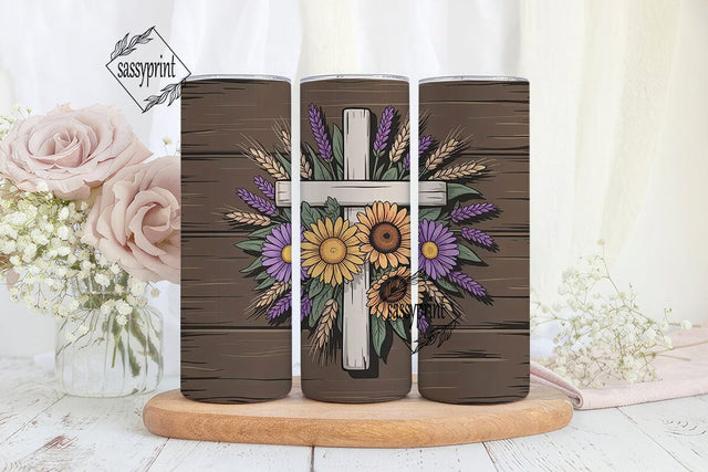 Rustic Floral Cross 20oz Tumbler Wrap Sublimation sassyprint 