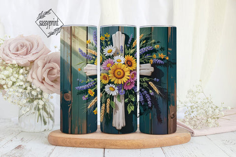 Rustic Floral Cross 20oz Tumbler Wrap Sublimation sassyprint 