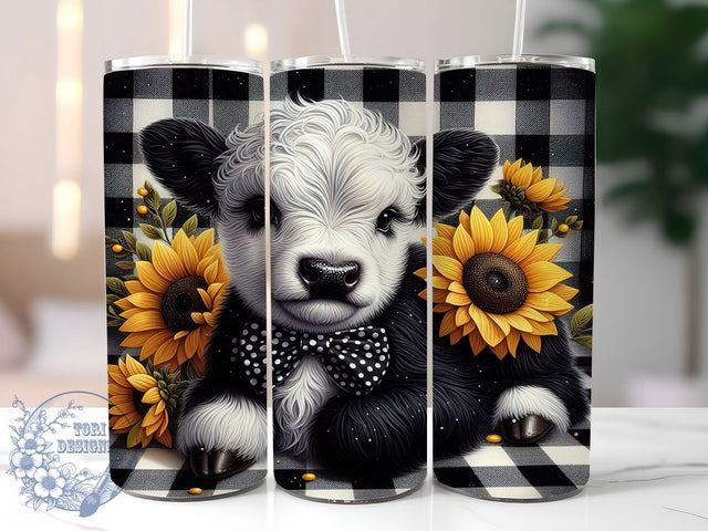 Rustic Floral Highland Calf Tumbler, Floral Cow Design, Farm Animal Art, Black White Cow Cup, Baby Animal Design, Rustic Farm Tumbler, Country Floral Art Sublimation ToriDesigns 