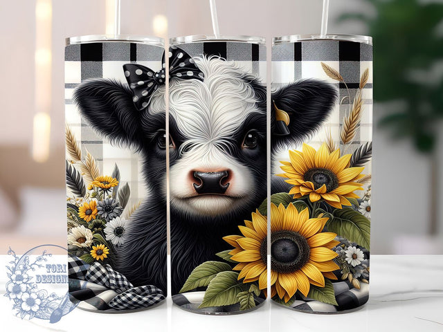 Rustic Floral Highland Calf Tumbler, Floral Cow Design, Farm Animal Art, Black White Cow Cup, Baby Animal Design, Rustic Farm Tumbler, Country Floral Art Sublimation ToriDesigns 