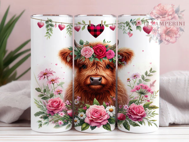 Rustic Floral Highland Cow Tumbler, Country Floral Pattern, Rustic Valentine Design, 20Oz Sublimation Wrap, Romantic Cow Art, Sweet Floral Texture, Tumbler Sublimation Sublimation Li Zamperini 