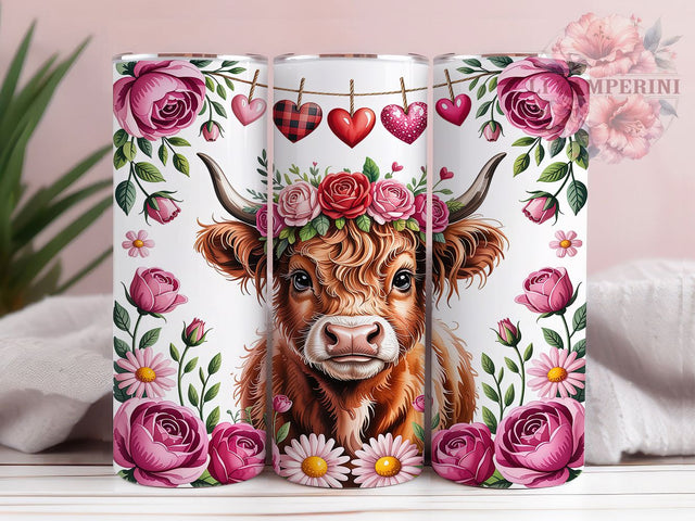 Rustic Floral Highland Cow Tumbler, Country Floral Pattern, Rustic Valentine Design, 20Oz Sublimation Wrap, Romantic Cow Art, Sweet Floral Texture, Tumbler Sublimation Sublimation Li Zamperini 