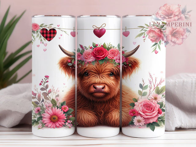 Rustic Floral Highland Cow Tumbler, Country Floral Pattern, Rustic Valentine Design, 20Oz Sublimation Wrap, Romantic Cow Art, Sweet Floral Texture, Tumbler Sublimation Sublimation Li Zamperini 