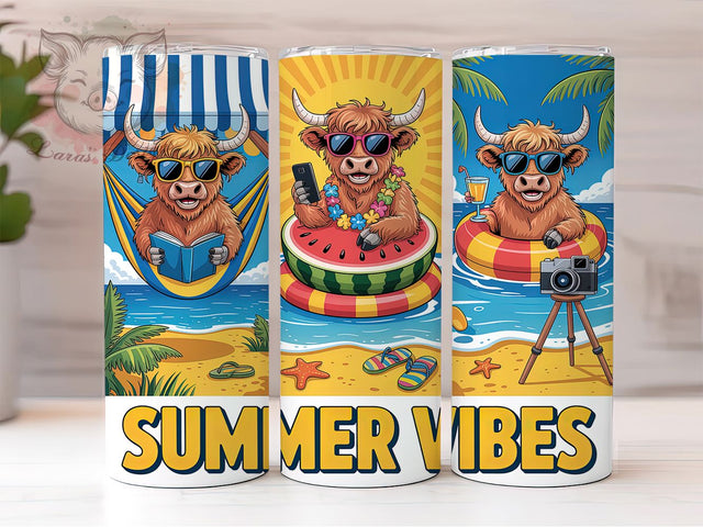 Rustic Highland Cow 20oz Tumbler Wrap, Summer Vibes Design, Three Highland Cattle, Cow Sublimation PNG, 20oz Tumbler Wrap, Rustic Summer Vibes, Farmhouse Cow Wrap Sublimation Lara' s Designs 