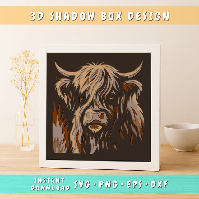 Rustic Highland Cow 3D Shadow Box SVG, Layered Cow Paper Cut Template, Cow Silhouette Laser Cut, Farmhouse Wall Art SVG Png Eps Dxf SVG HappyDesignStudio 