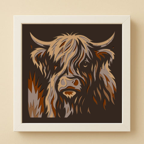 Rustic Highland Cow 3D Shadow Box SVG, Layered Cow Paper Cut Template, Cow Silhouette Laser Cut, Farmhouse Wall Art SVG Png Eps Dxf SVG HappyDesignStudio 