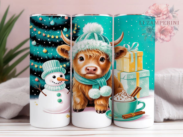 Rustic Highland Cow Christmas Tumbler, Winter Puppy Wrap, Snowman Holiday Design, Sublimation Cup, 20oz Skinny Tumbler, Cute Farmhouse Christmas, Winter Animal Style Sublimation Li Zamperini 