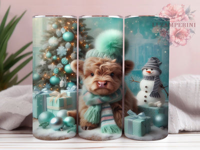 Rustic Highland Cow Christmas Tumbler, Winter Puppy Wrap, Snowman Holiday Design, Sublimation Cup, 20oz Skinny Tumbler, Cute Farmhouse Christmas, Winter Animal Style Sublimation Li Zamperini 