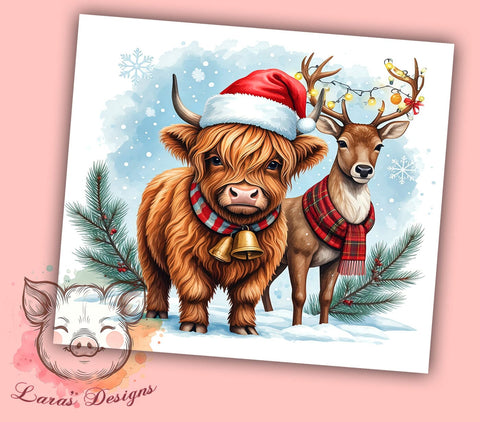 Rustic Highland Cow Christmas Tumbler Wrap, Christmas Reindeer Design, 20oz Tumbler Wrap, Holiday Tumbler Art, Cow Sublimation Design, Festive Tumbler, Rustic Christmas Decor Sublimation Lara' s Designs 