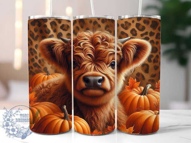 Rustic Highland Cow Pumpkin Tumbler, Leopard Pumpkin Wrap, 20oz Tumbler Sublimation, Autumn Cow Design, Rustic Pumpkin Tumbler, Farmhouse Fall Wrap, Western Leopard Print Sublimation Sublimation ToriDesigns 