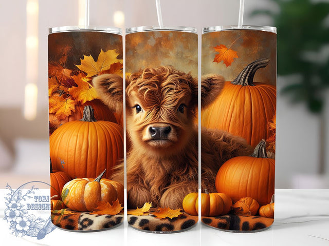 Rustic Highland Cow Pumpkin Tumbler, Leopard Pumpkin Wrap, 20oz Tumbler Sublimation, Autumn Cow Design, Rustic Pumpkin Tumbler, Farmhouse Fall Wrap, Western Leopard Print Sublimation Sublimation ToriDesigns 