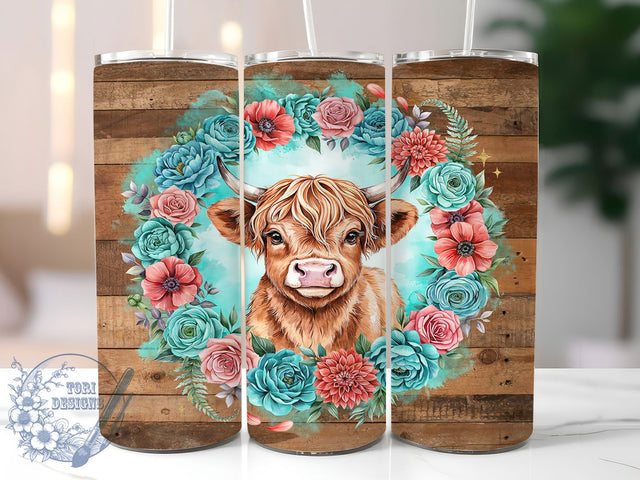 Rustic Highland Floral Cow 20oz Tumbler, Floral Cow, Caramel Brown Fur, Golden Fur, Curved Horns, Skinny Tumbler, Sublimation PNG Sublimation ToriDesigns 