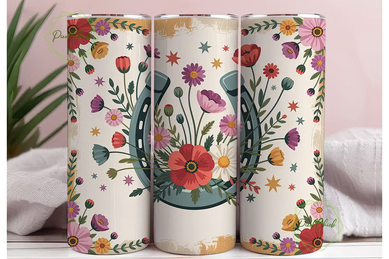 Rustic Horseshoe Floral Tumbler Wrap Sublimation PixelChick 