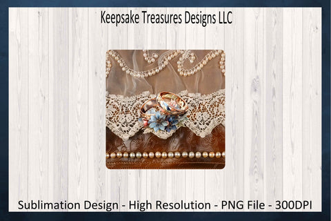 Rustic Lace Cow Hide 11oz Mug Wrap Sublimation PNG, Wedding Ring and Pearls, Round and Square Coaster Template, Digital Download, PNG Print Sublimation Keepsake Treasures Designs LLC. 
