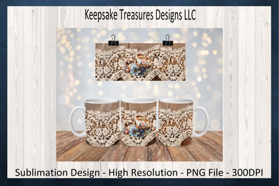 Rustic Lace Cow Hide 11oz Mug Wrap Sublimation PNG, Wedding Ring and Pearls, Round and Square Coaster Template, Digital Download, PNG Print Sublimation Keepsake Treasures Designs LLC. 