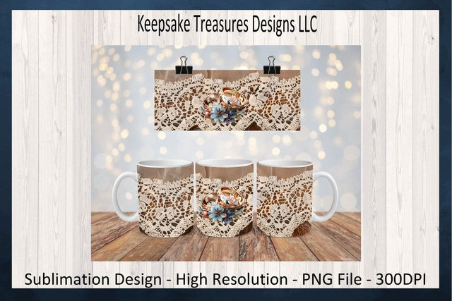 Rustic Lace Cow Hide 11oz Mug Wrap Sublimation PNG, Wedding Ring and Pearls, Round and Square Coaster Template, Digital Download, PNG Print Sublimation Keepsake Treasures Designs LLC. 